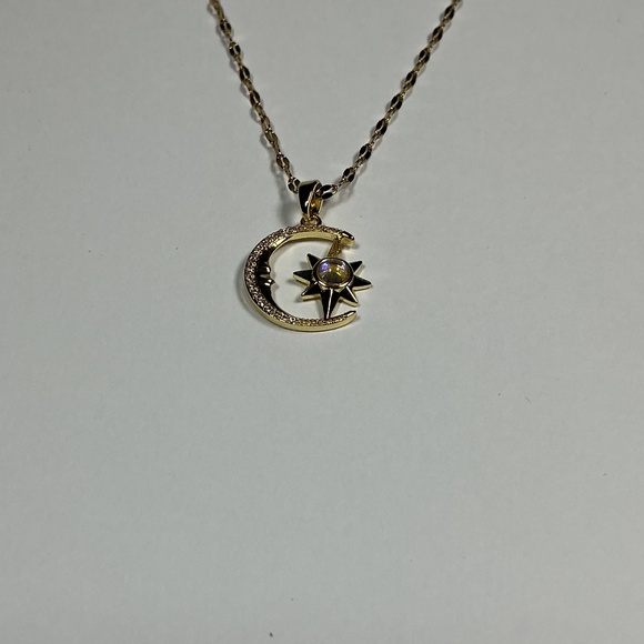 Gold Tone Cz Diamond Crescent Moon Pendant with Center Moonstone Style Accent - Picture 5 of 10